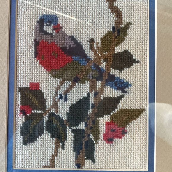Vintage Handmade Needlepoint Bird on a Branch -Framed - Picture 9 of 14